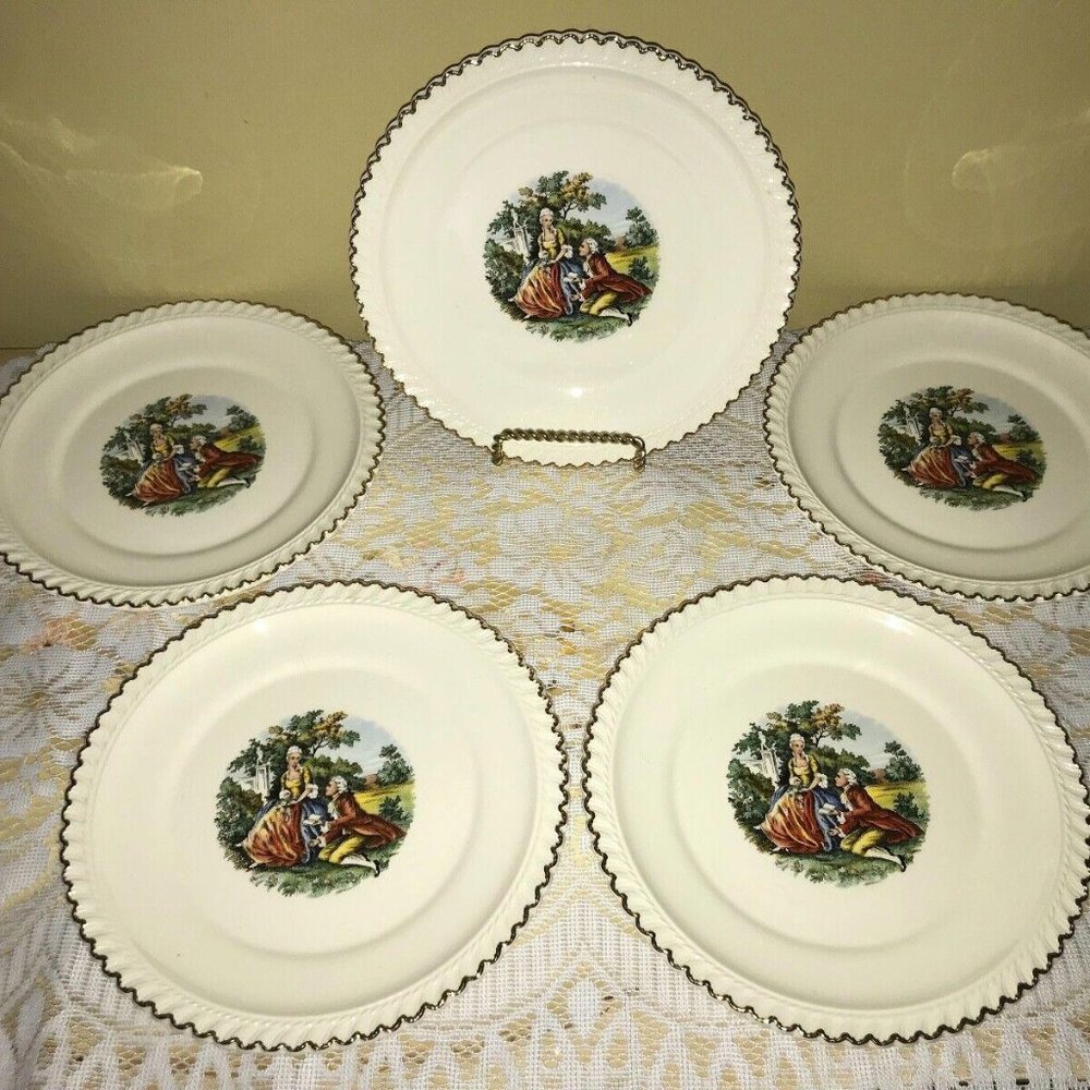 Vintage Harker Pottery Victorian Romantic Courting USA 22 Kt Gold trim Plates